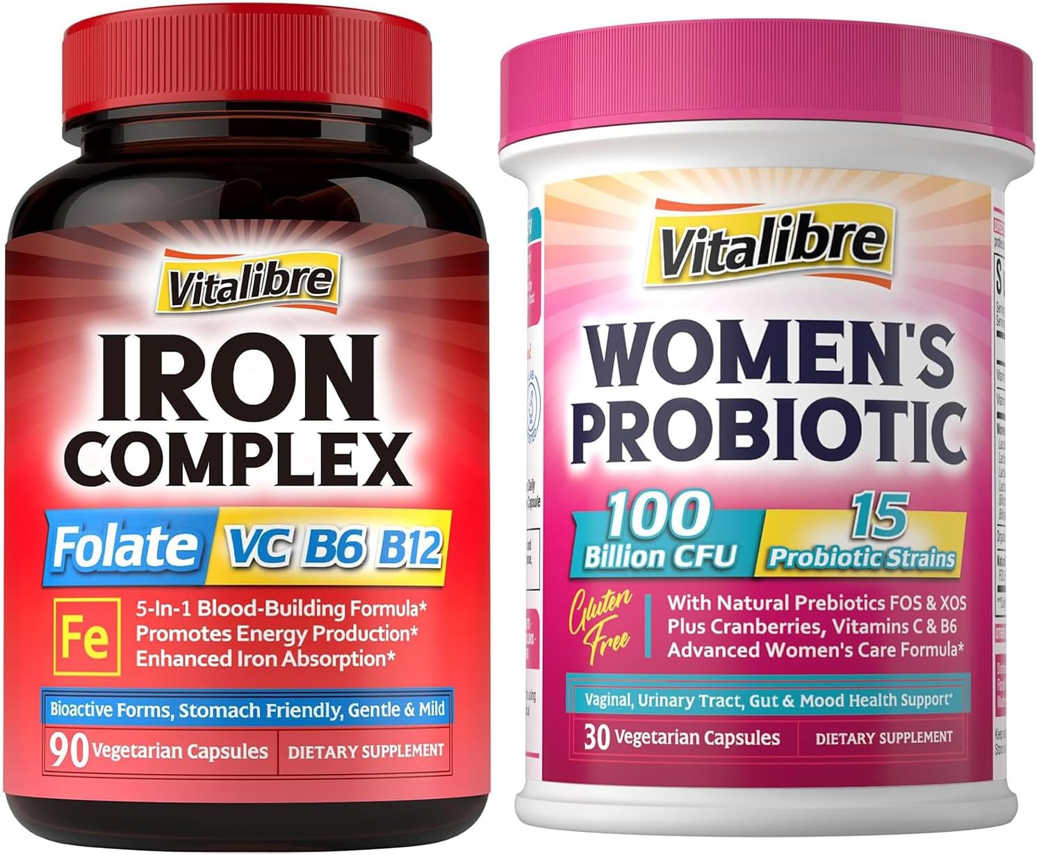 90 Capsules Iron Supplement & 100 Billion CFU Vitalibre Probiotics for Women and Men