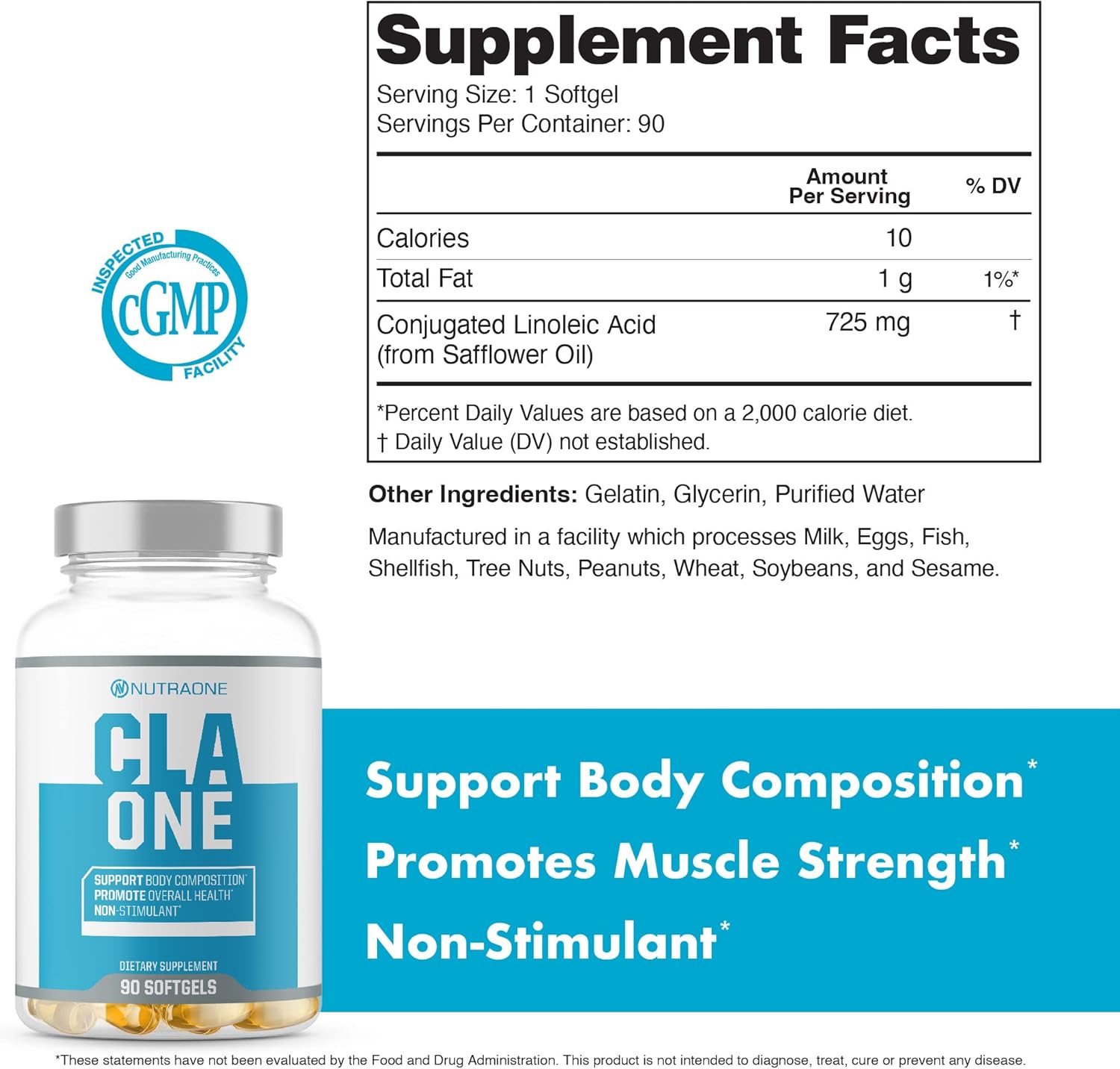 90 Capsules NutraOne Nutrition CLAOne Supplement - Conjugated Linoleic Acid (CLA) Natural Formula