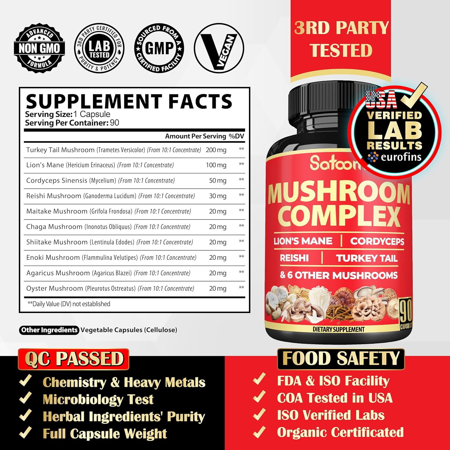 90 Capsules of 10-in-1 Turkey Tail Supplement with Lions Mane, Reishi Mushroom - 90 Day Supply