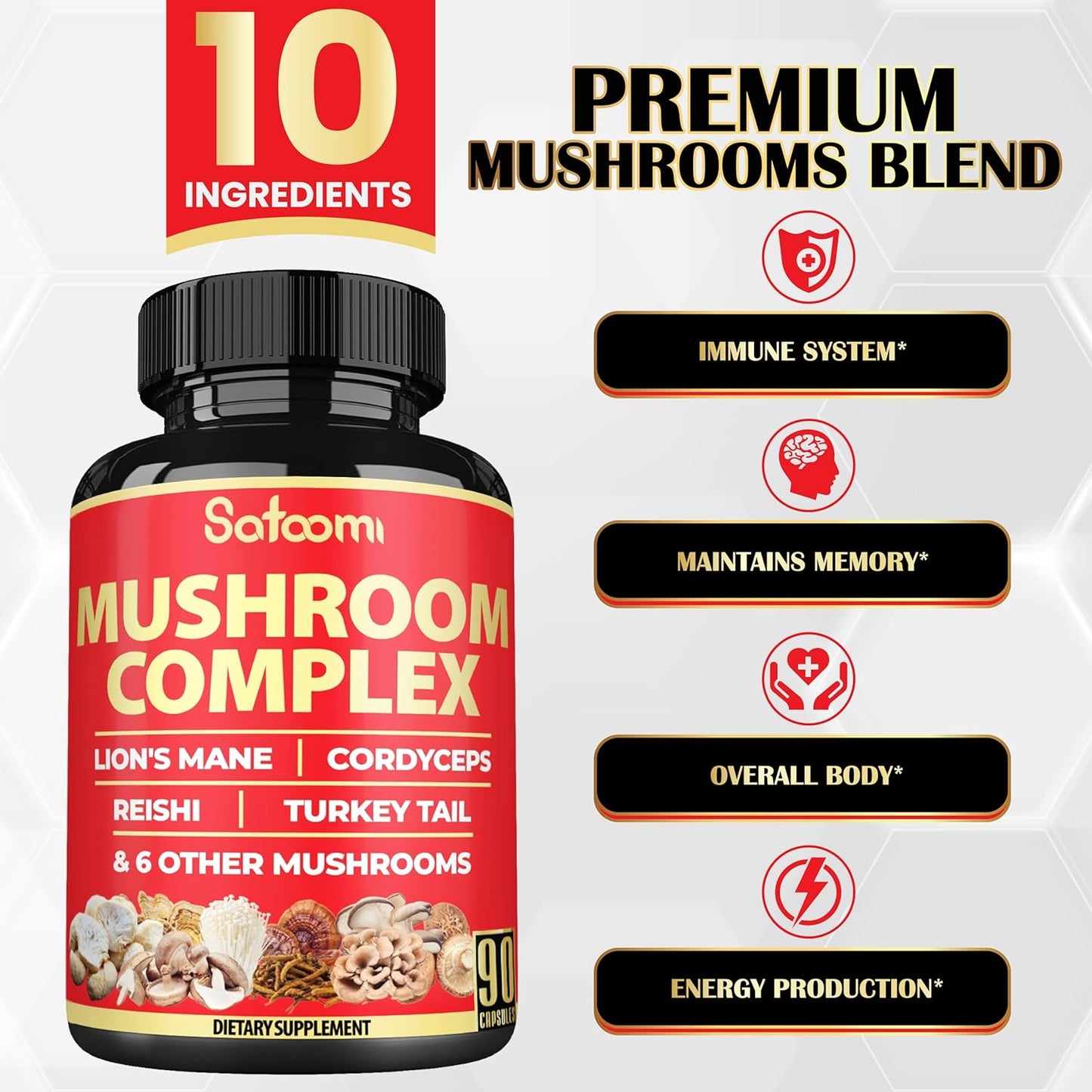 90 Capsules of 10-in-1 Turkey Tail Supplement with Lions Mane, Reishi Mushroom - 90 Day Supply