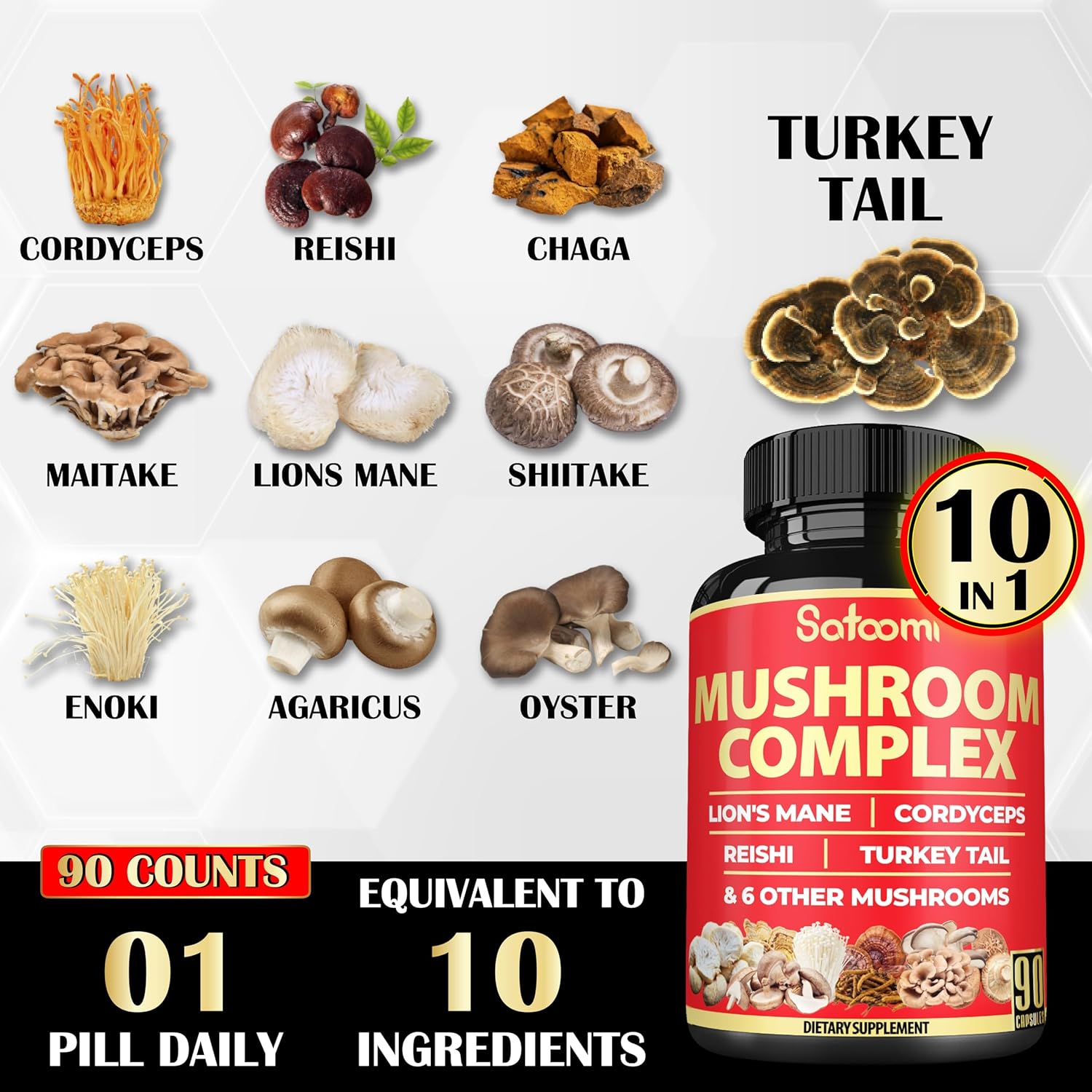 90 Capsules of 10-in-1 Turkey Tail Supplement with Lions Mane, Reishi Mushroom - 90 Day Supply