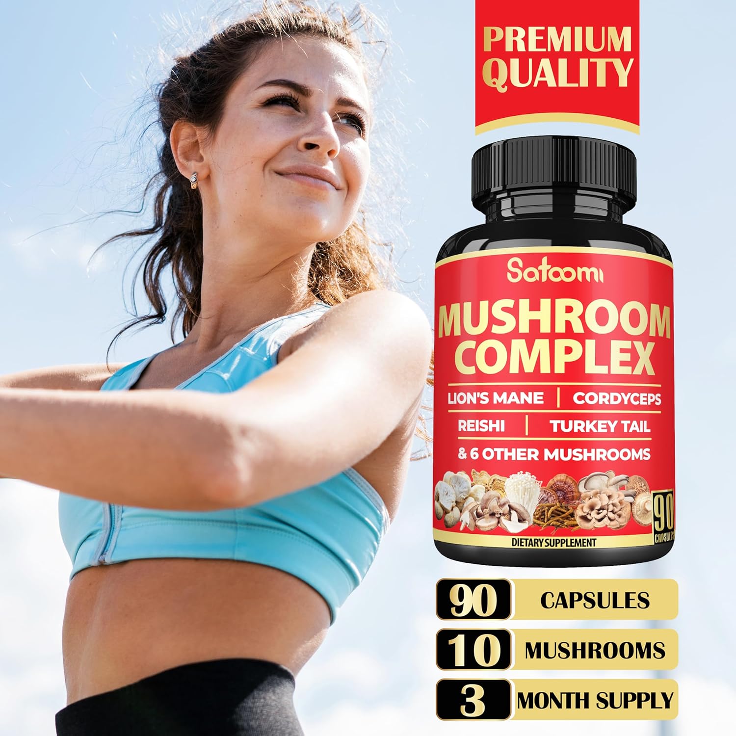 90 Capsules of 10-in-1 Turkey Tail Supplement with Lions Mane, Reishi Mushroom - 90 Day Supply