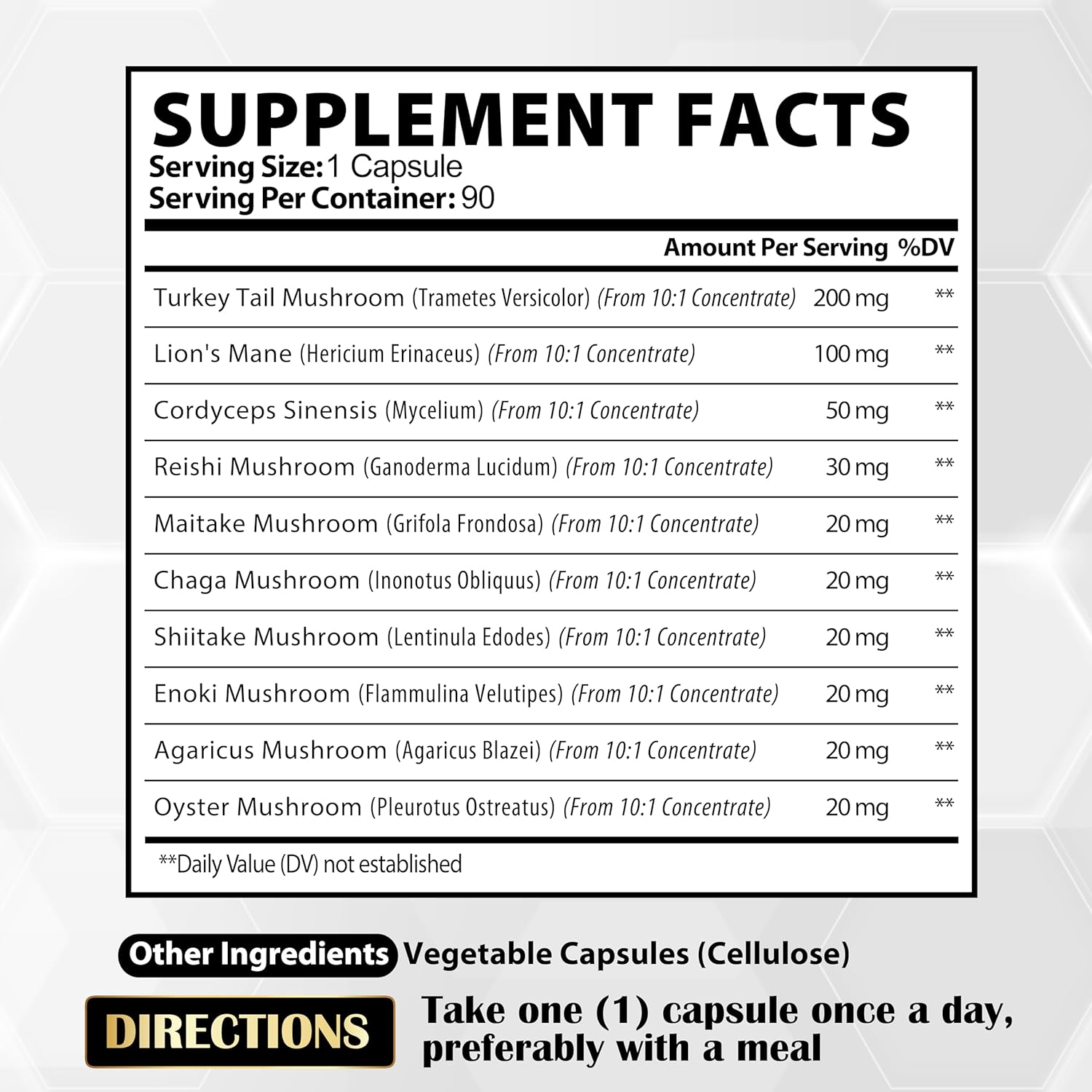 90 Capsules of 10-in-1 Turkey Tail Supplement with Lions Mane, Reishi Mushroom - 90 Day Supply