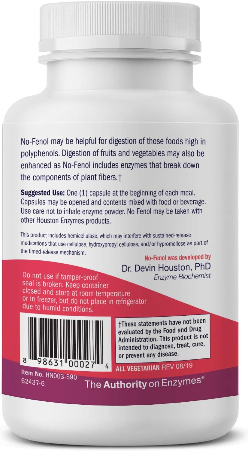 90 Capsules of Houston Enzymes No-Fenol Enzyme for Polyphenolic Foods - Supports Digestion of Fruits & Vegetables - Professional Formula for Fiber Breakdown