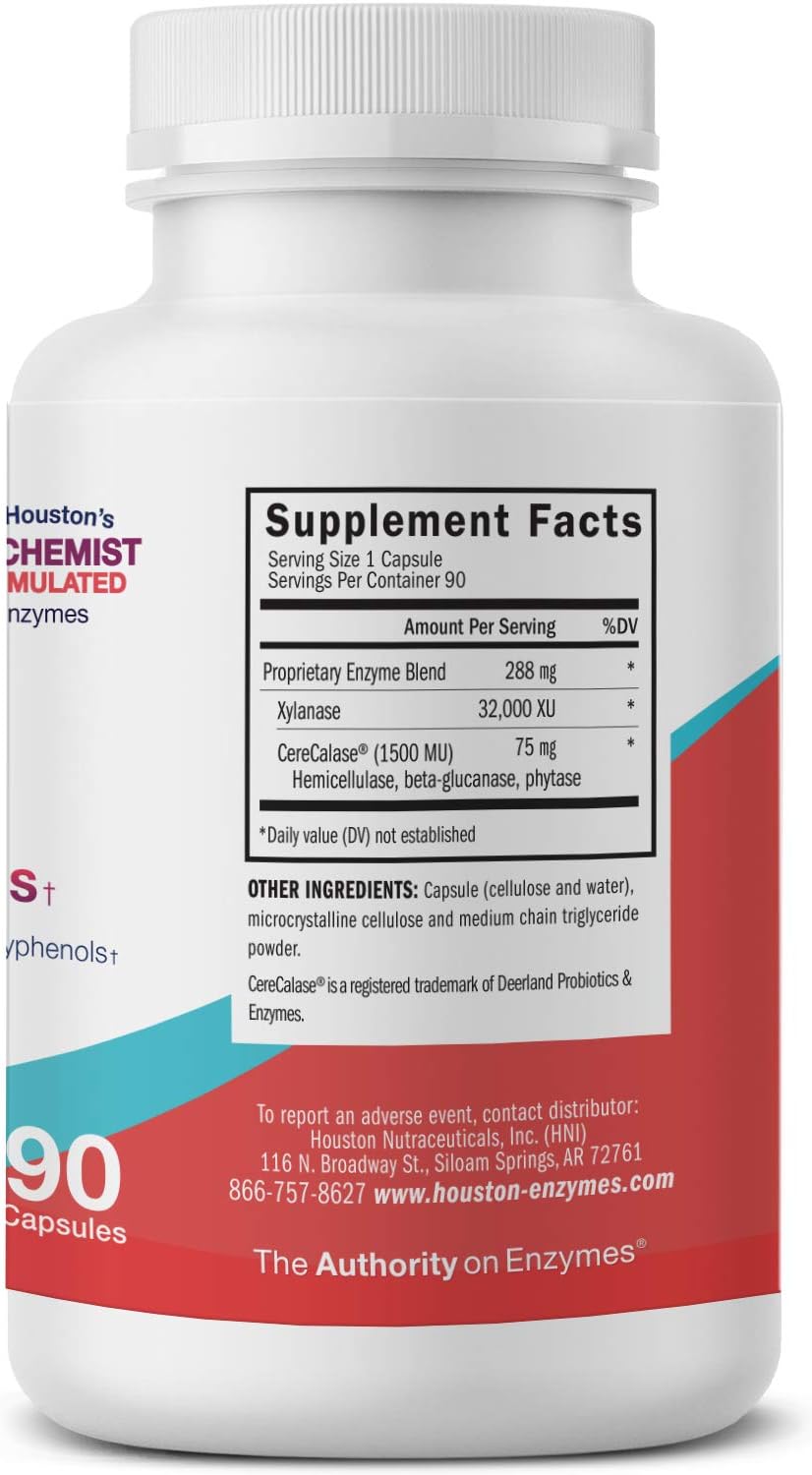 90 Capsules of Houston Enzymes No-Fenol Enzyme for Polyphenolic Foods - Supports Digestion of Fruits & Vegetables - Professional Formula for Fiber Breakdown