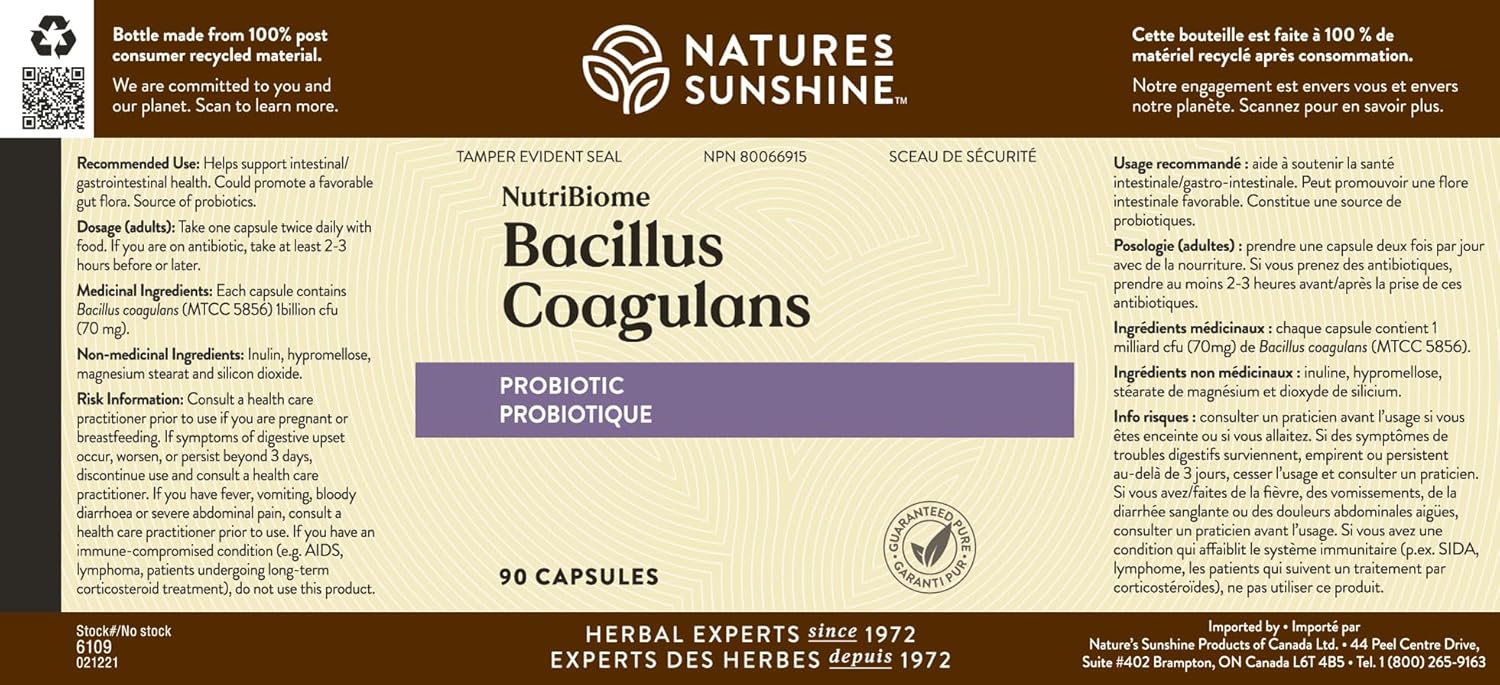 90 Capsules of Nature's Sunshine Nutribiome Bacillus Coagulans Probiotics - 3 Billion CFU for Digestive Health