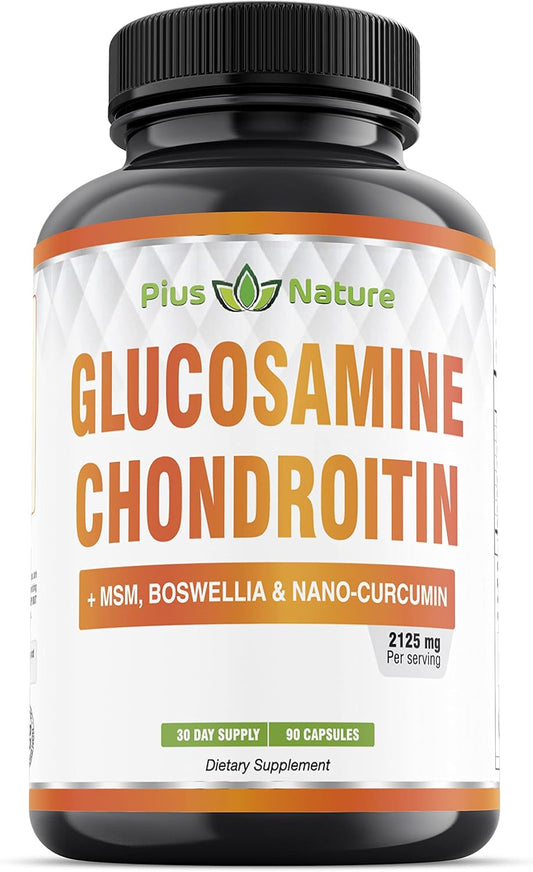 90 Capsules of PIUS NATURE Joint Support Supplement with Glucosamine, Chondroitin, MSM, Boswellia, Curcumin, Bromelain, and Quercetin - 1 Month Supply