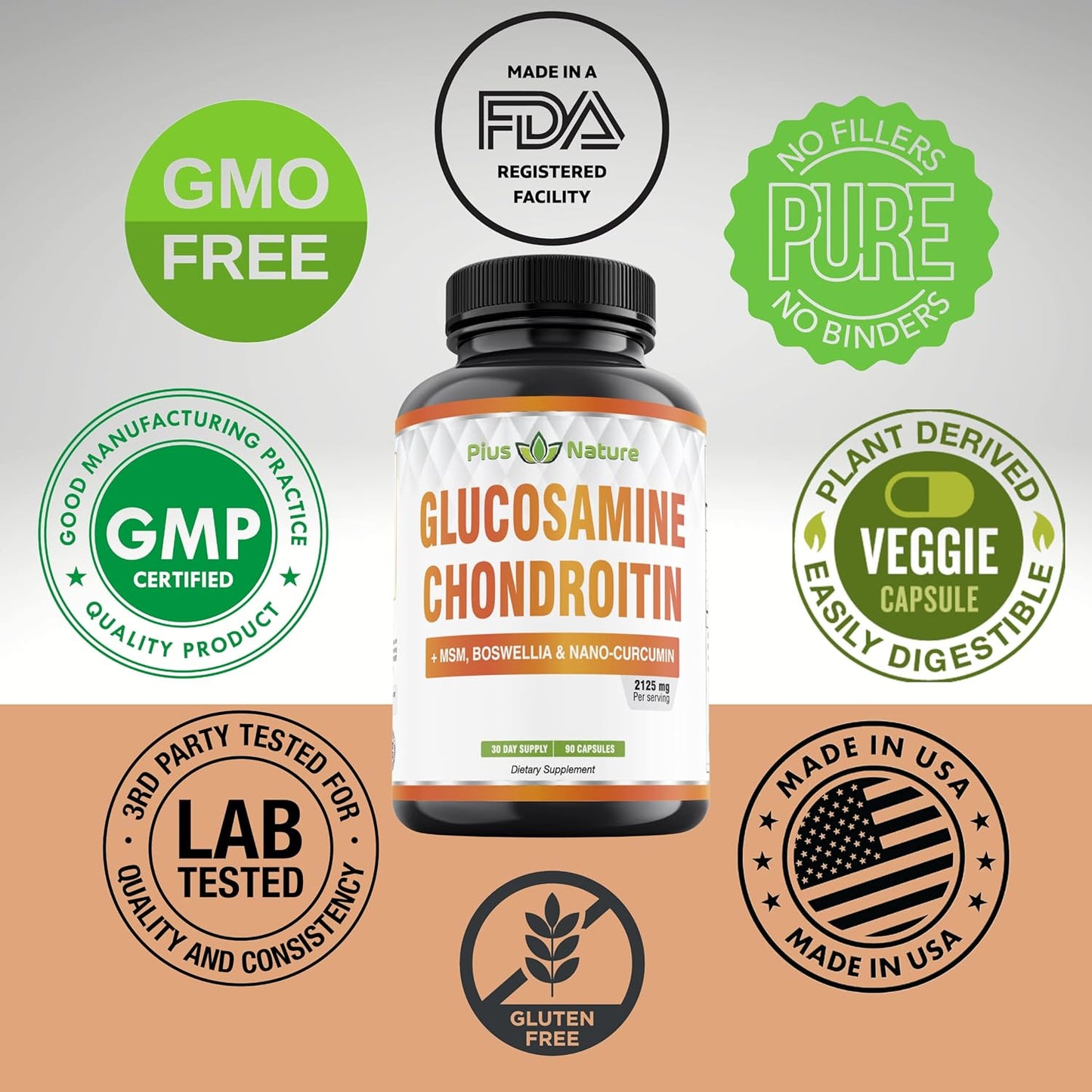 90 Capsules of PIUS NATURE Joint Support Supplement with Glucosamine, Chondroitin, MSM, Boswellia, Curcumin, Bromelain, and Quercetin - 1 Month Supply
