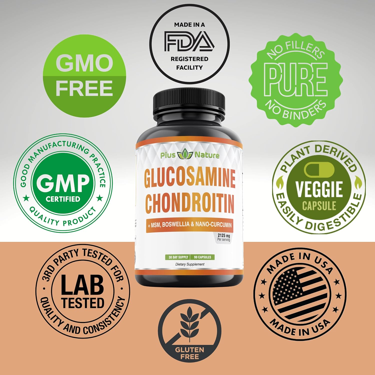 90 Capsules of PIUS NATURE Joint Support Supplement with Glucosamine, Chondroitin, MSM, Boswellia, Curcumin, Bromelain, and Quercetin - 1 Month Supply
