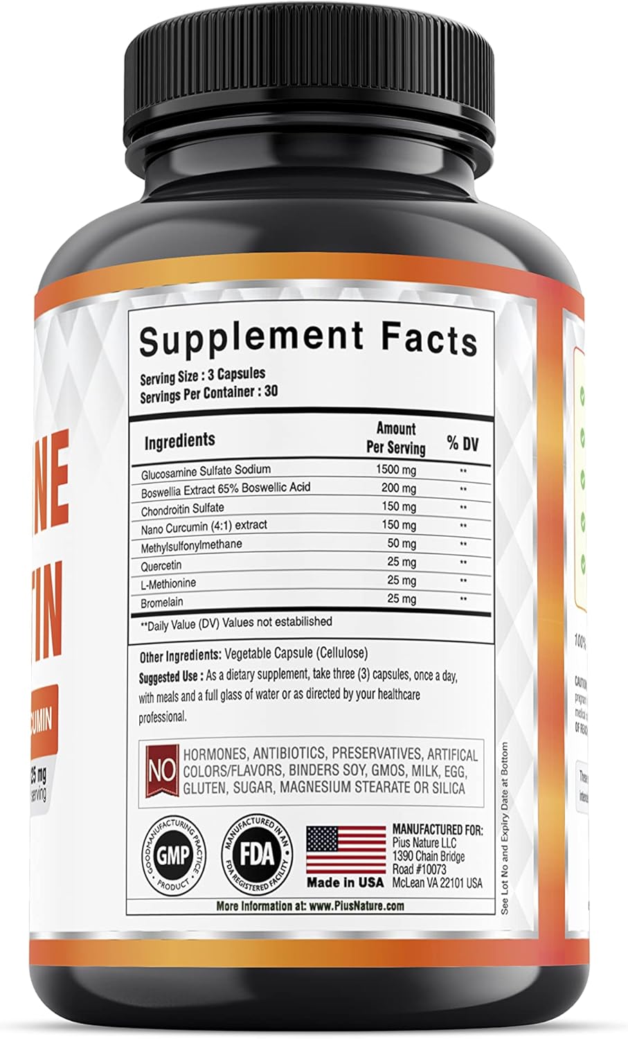 90 Capsules of PIUS NATURE Joint Support Supplement with Glucosamine, Chondroitin, MSM, Boswellia, Curcumin, Bromelain, and Quercetin - 1 Month Supply