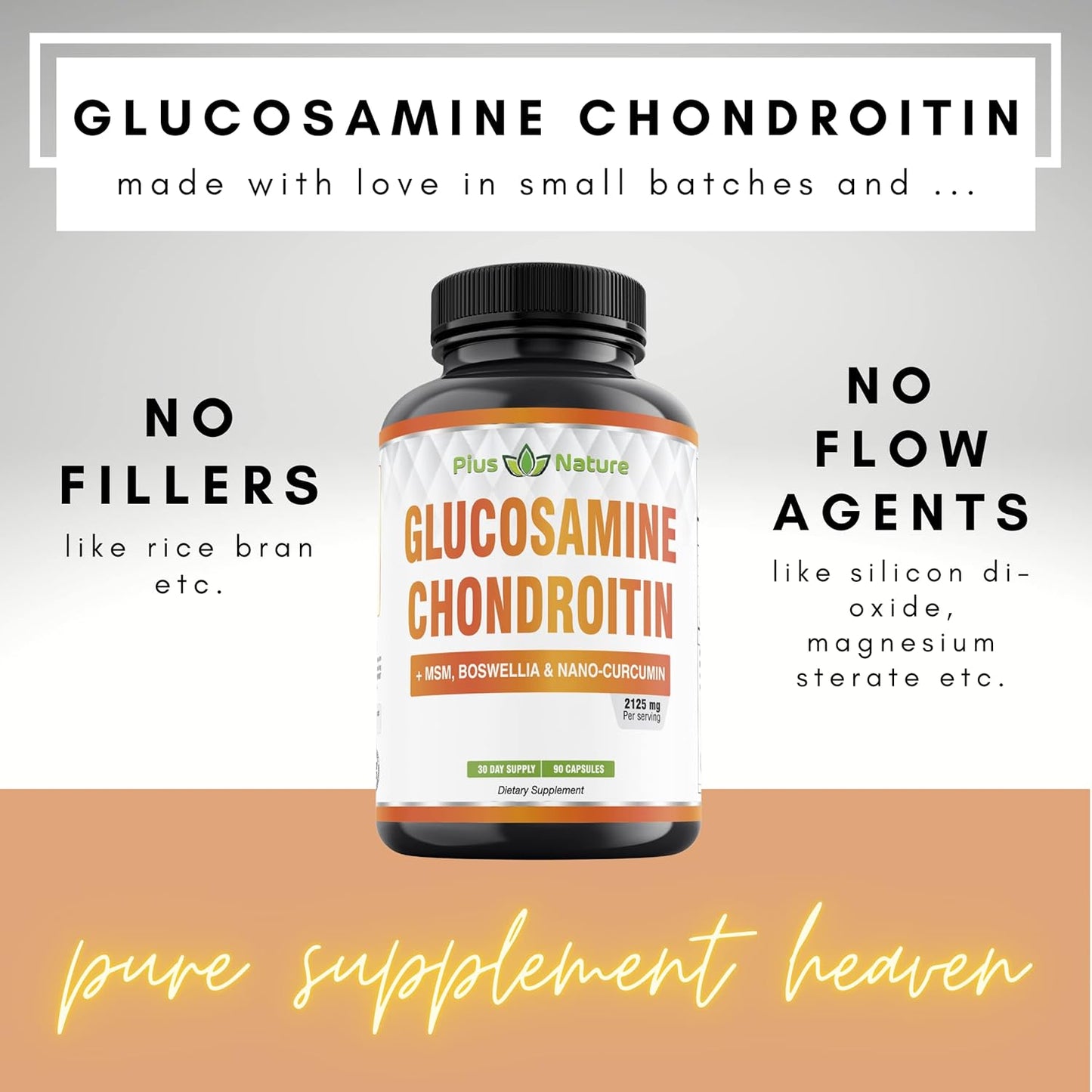 90 Capsules of PIUS NATURE Joint Support Supplement with Glucosamine, Chondroitin, MSM, Boswellia, Curcumin, Bromelain, and Quercetin - 1 Month Supply
