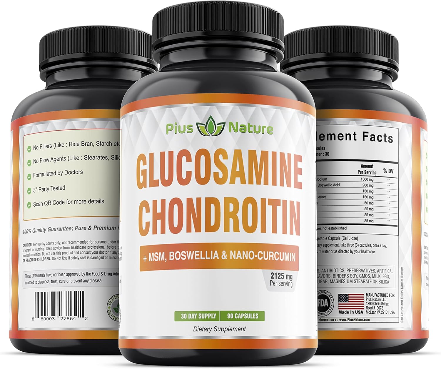 90 Capsules of PIUS NATURE Joint Support Supplement with Glucosamine, Chondroitin, MSM, Boswellia, Curcumin, Bromelain, and Quercetin - 1 Month Supply