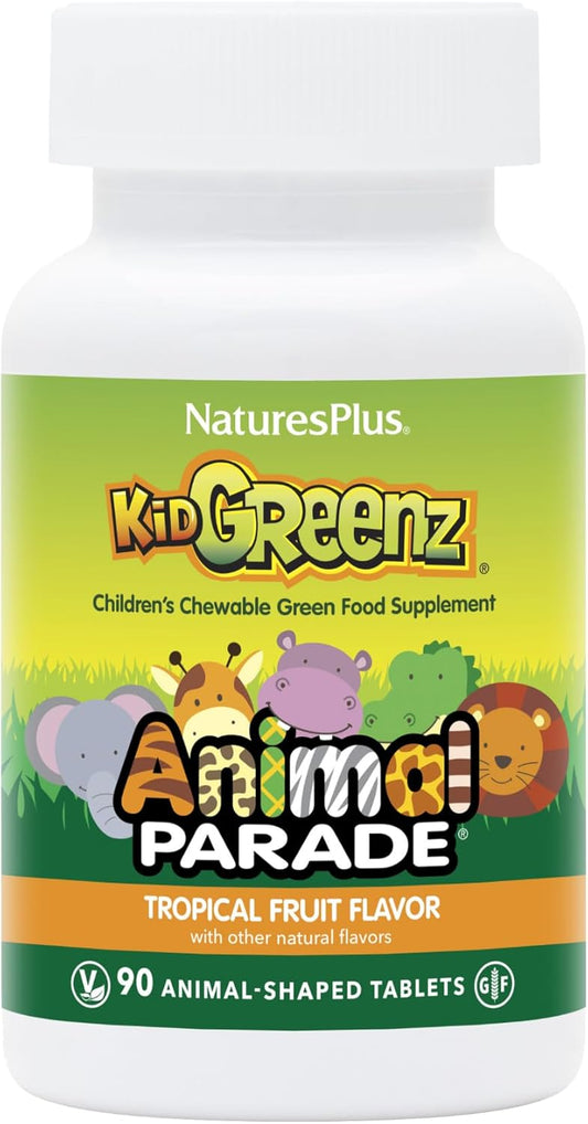 90 Chewable Vegetarian Animal Parade KidGreenz Tablets - Tropical Fruit Flavor, Gluten Free - 90 Servings