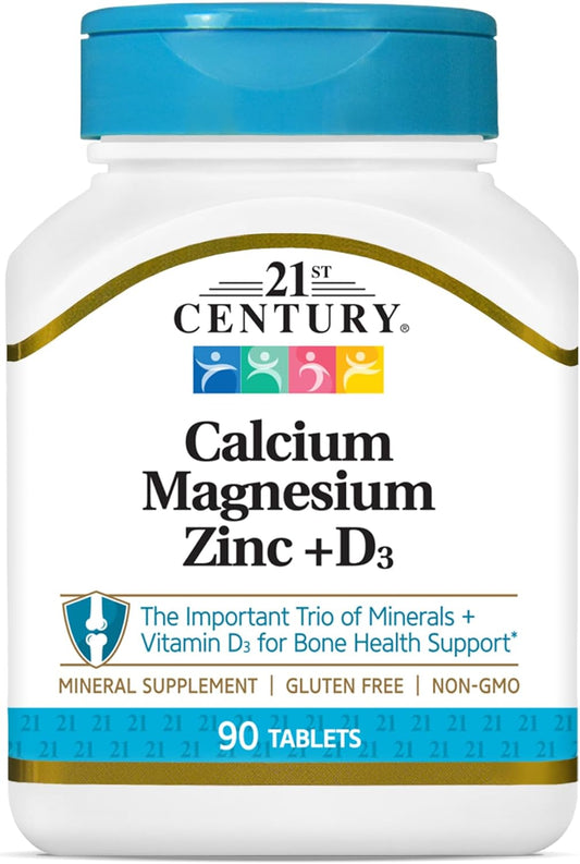 90 Count 21st Century Calcium Magnesium Zinc + Vitamin D Tablets for Bone Health and Immune Support