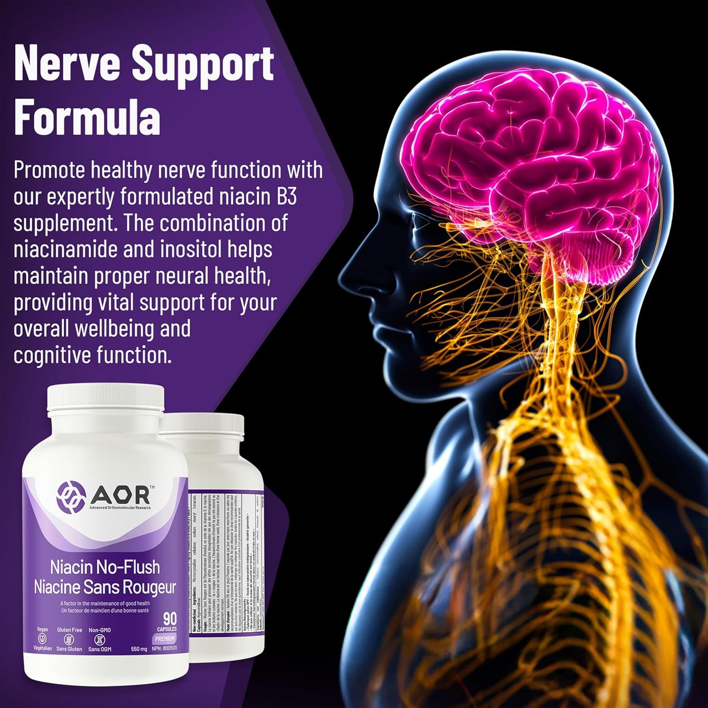 90 Count AOR No Flush Niacin Supplement for Heart Health and Cholesterol Support