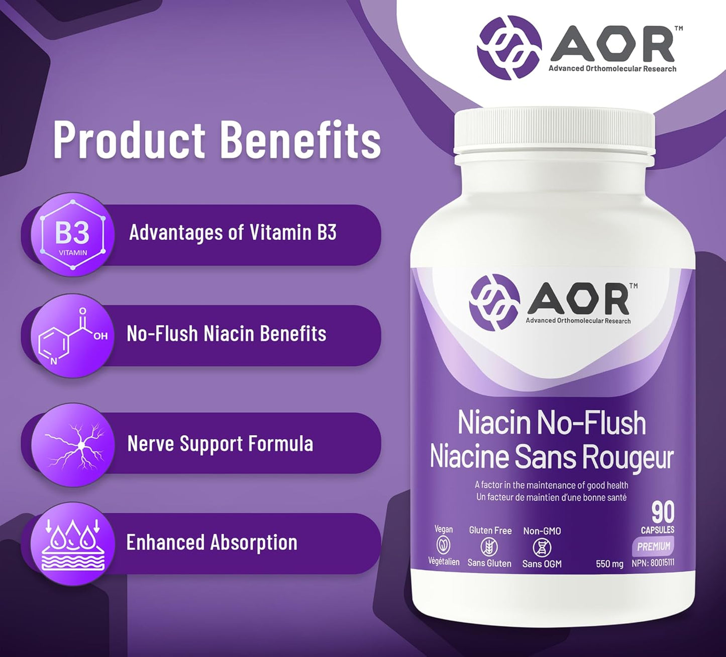 90 Count AOR No Flush Niacin Supplement for Heart Health and Cholesterol Support
