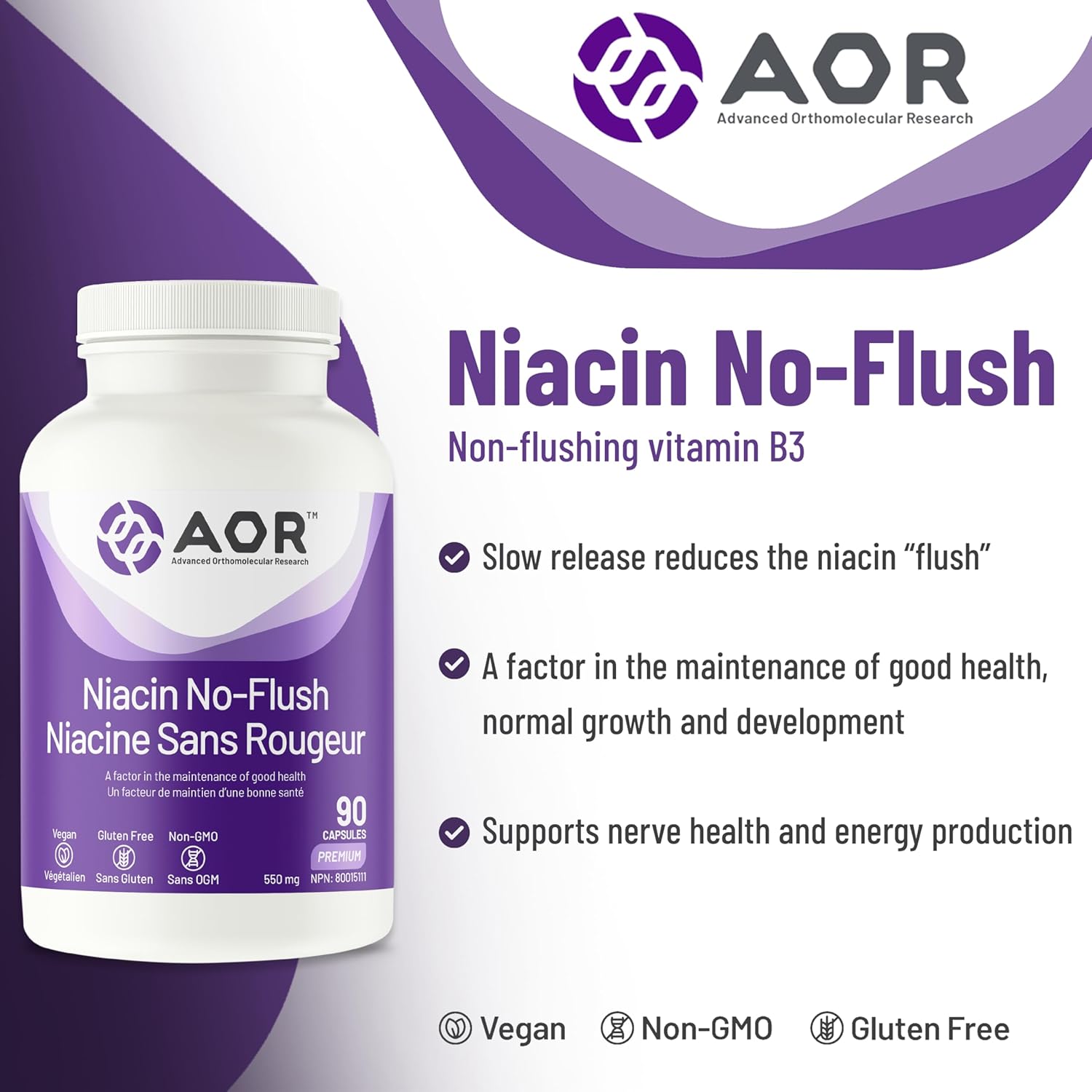 90 Count AOR No Flush Niacin Supplement for Heart Health and Cholesterol Support