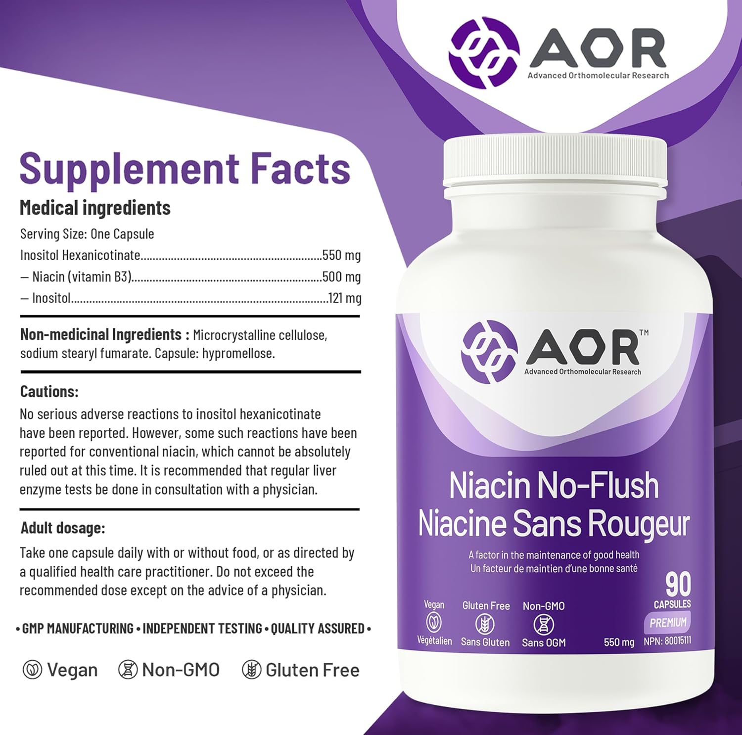 90 Count AOR No Flush Niacin Supplement for Heart Health and Cholesterol Support