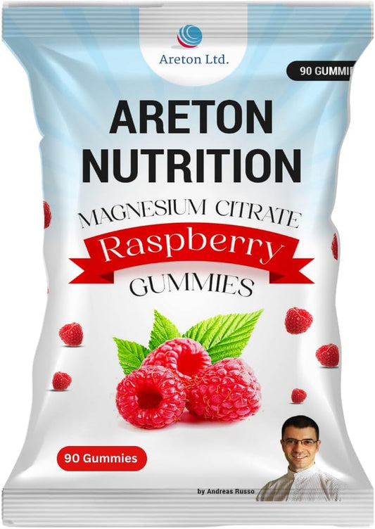 90-Count Areton Raspberry Magnesium Gummies for High Absorption - Promotes Muscle & Bone Health, Stress Relief, and Calmness