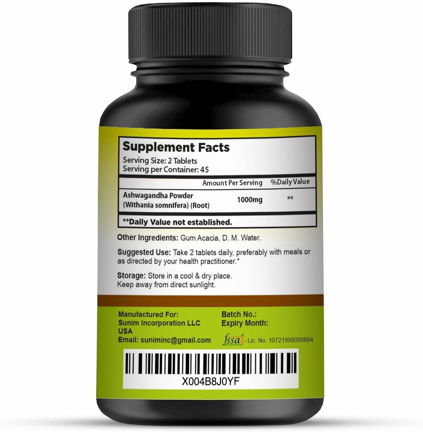90 Count Ashwagandha Tablets - 1000mg, 45 Day Supply, Vegan, Natural from India | SunNature