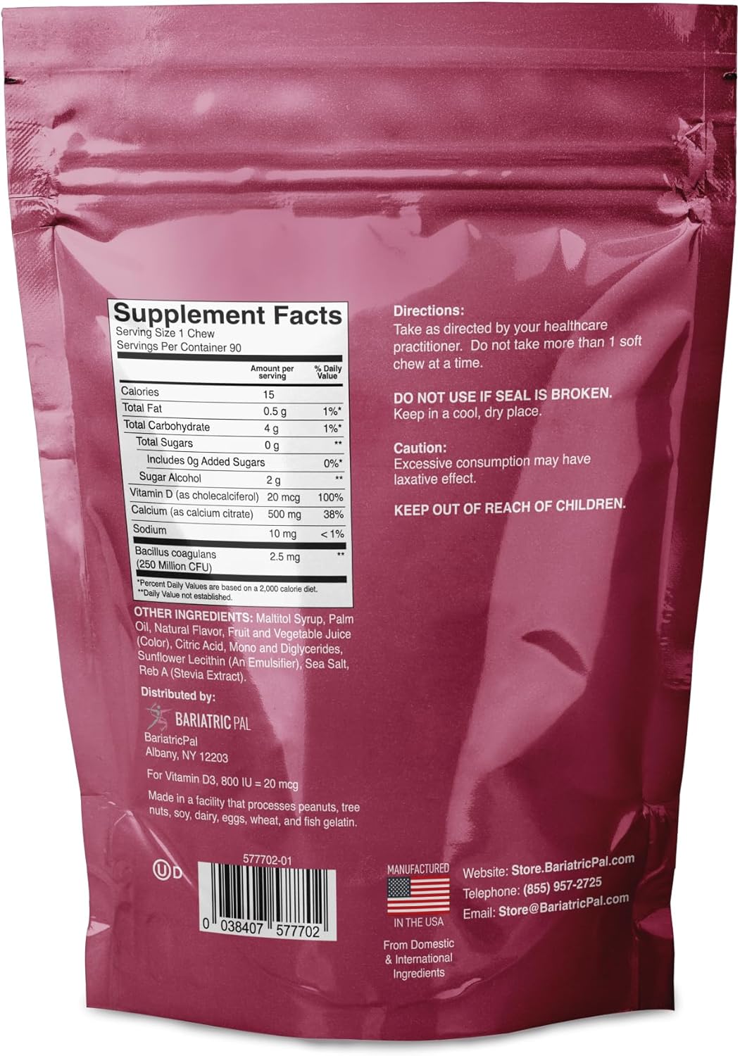 90 Count BariatricPal Tropical Punch Sugar-Free Calcium Citrate Soft Chews with Probiotics - 500mg