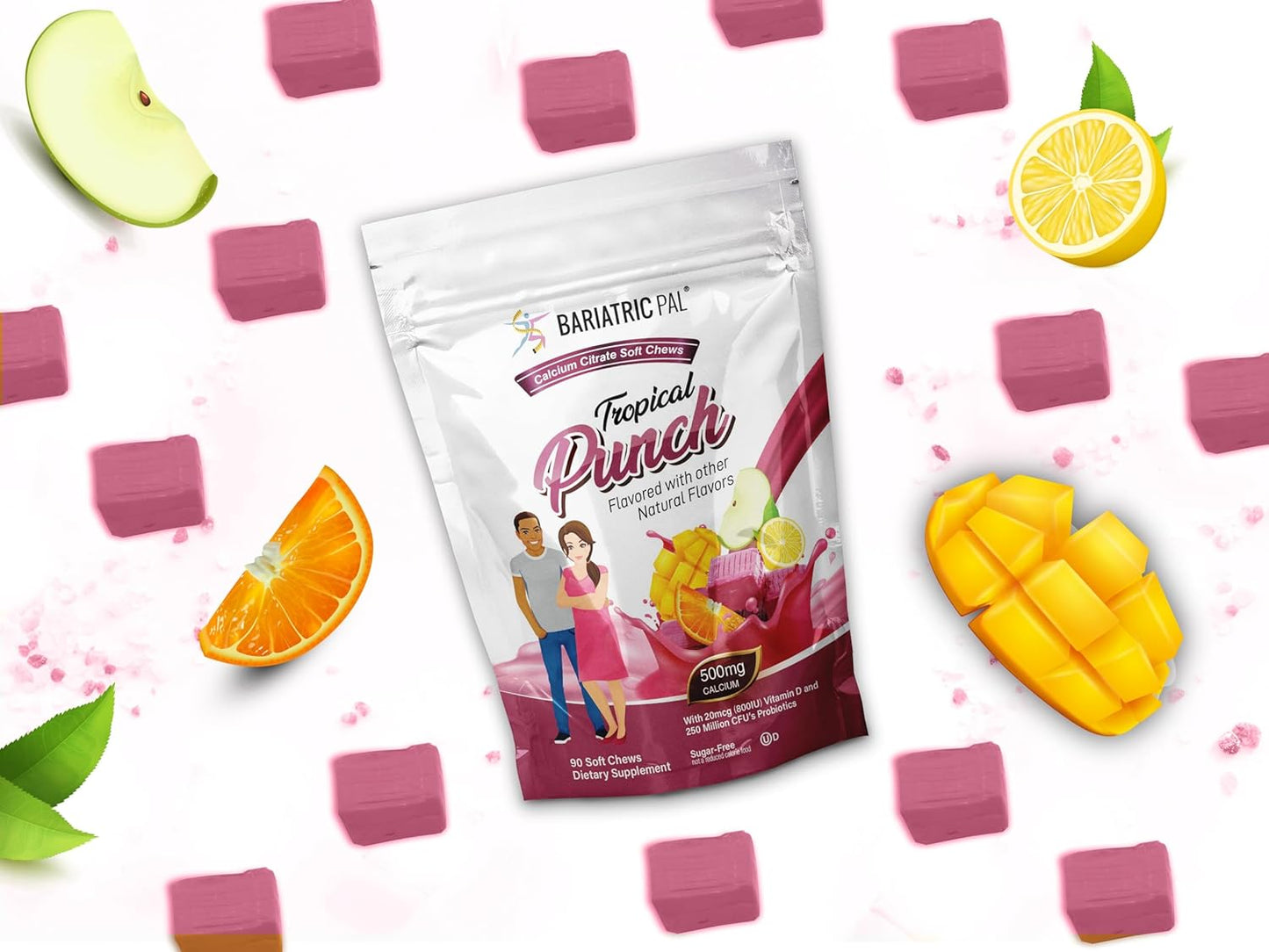 90 Count BariatricPal Tropical Punch Sugar-Free Calcium Citrate Soft Chews with Probiotics - 500mg