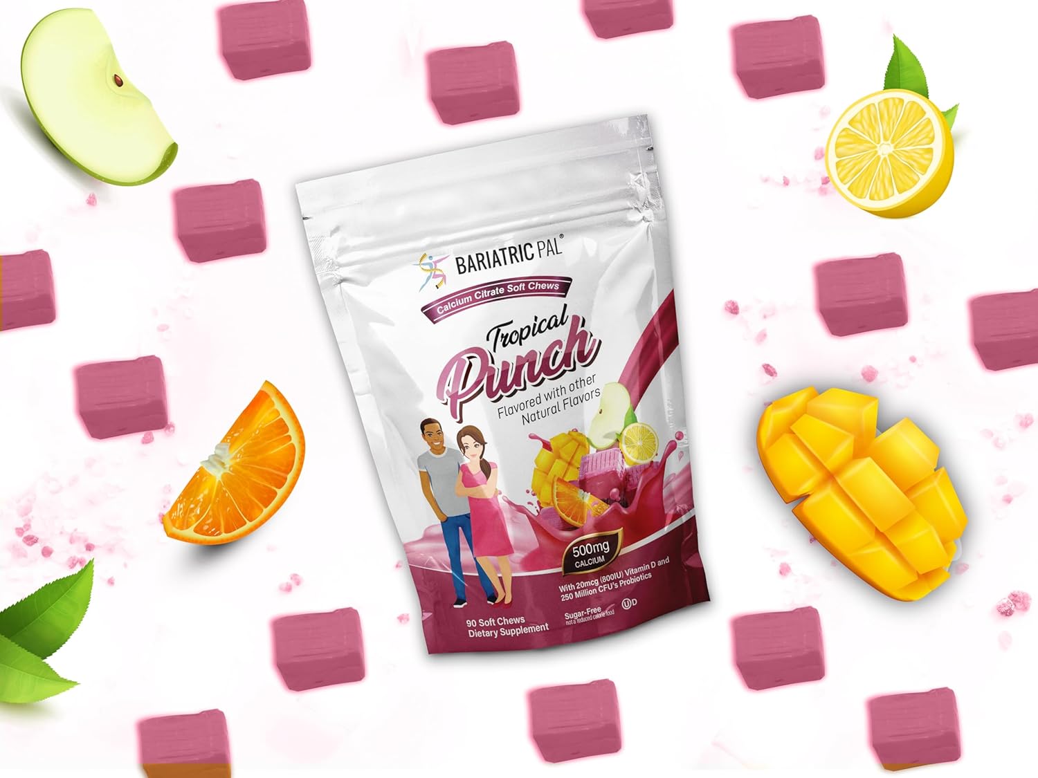 90 Count BariatricPal Tropical Punch Sugar-Free Calcium Citrate Soft Chews with Probiotics - 500mg