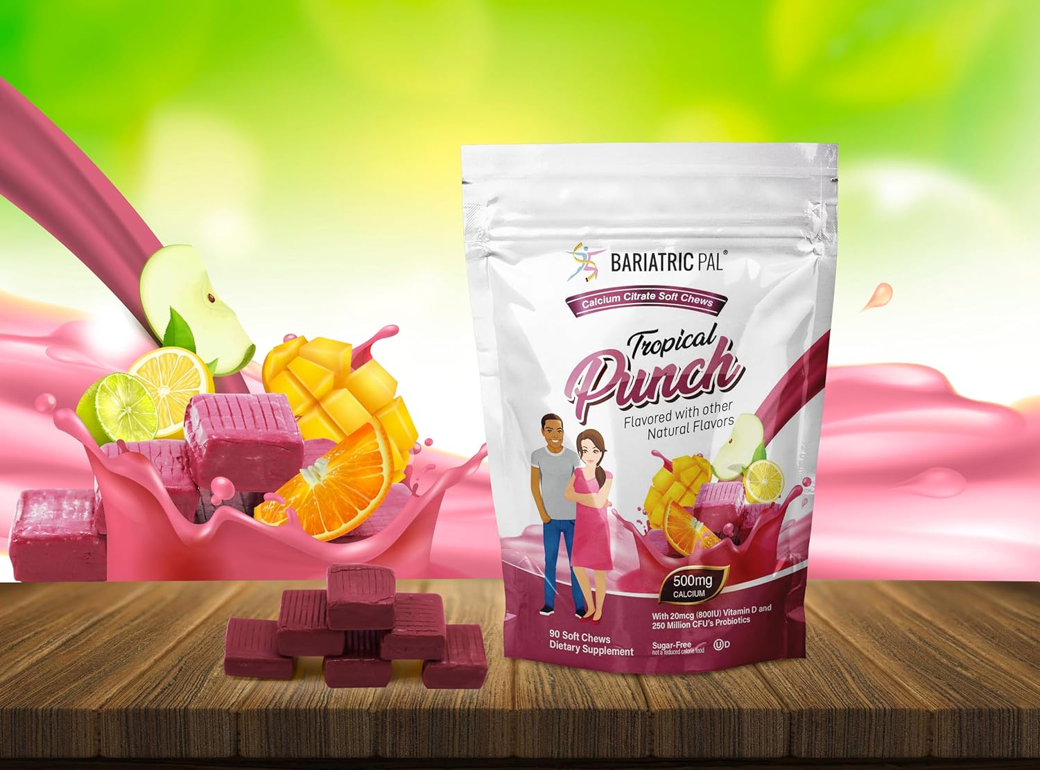 90 Count BariatricPal Tropical Punch Sugar-Free Calcium Citrate Soft Chews with Probiotics - 500mg
