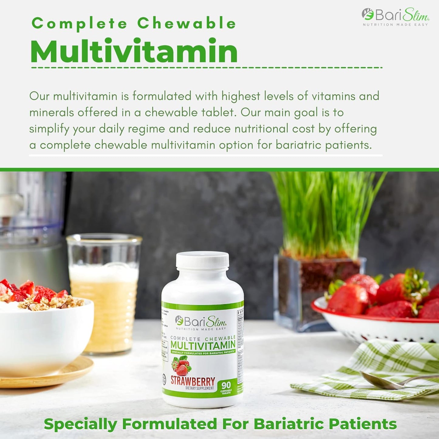 90 Count BariSlim Complete Chewable Bariatric Multivitamin with Iron for Post Surgery - Strawberry Flavor - Ideal for Gastric Bypass and Sleeve - BoostGo Australia