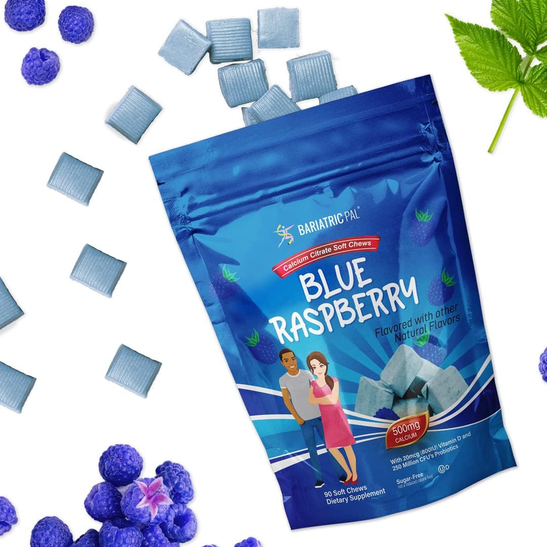 90 Count Blue Raspberry BariatricPal Sugar-Free Calcium Citrate Soft Chews with Probiotics (500mg)
