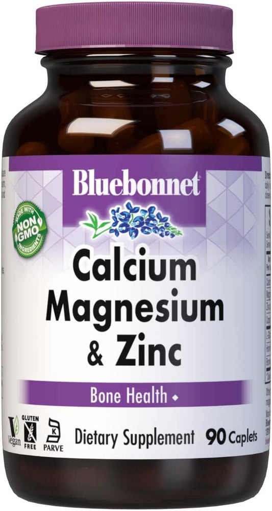 90 Count BlueBonnet Calcium Magnesium Zinc Caplets for Bone Health and Immune Support