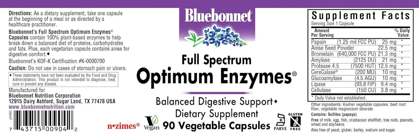 90 Count BlueBonnet Full Spectrum Optimum Enzymes Vegetarian Capsules for Digestive Health