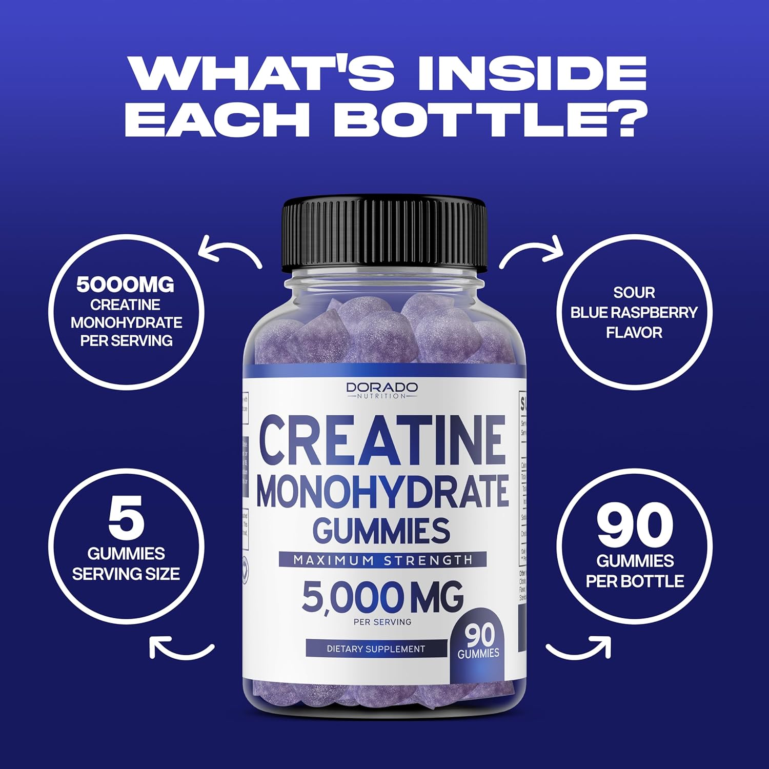 90 Count Dorado Nutrition Creatine Monohydrate Gummies - 5g Creatine for Men & Women - Blue Raspberry Flavor - Vegan & Non-GMO - Third Party Tested - Made in USA