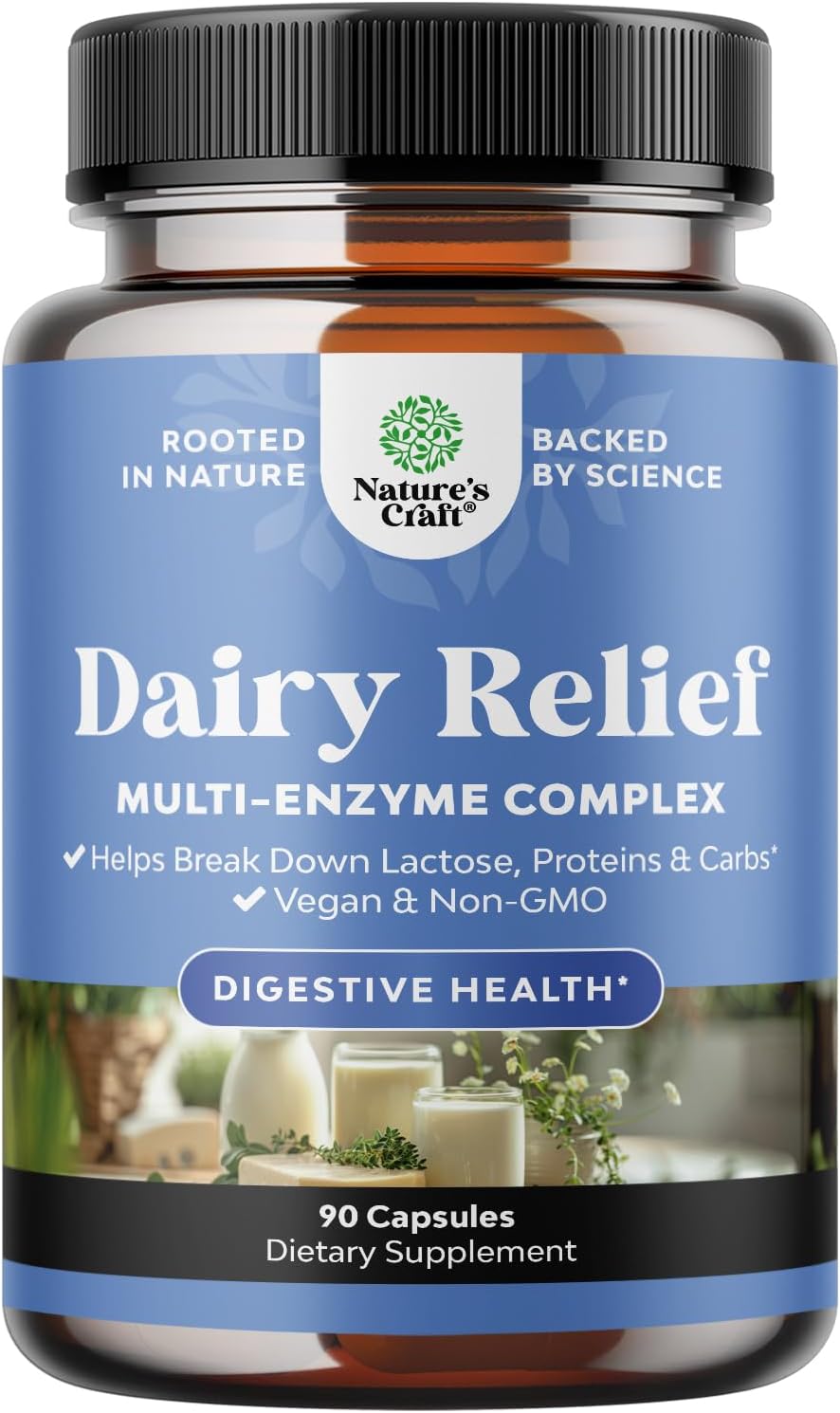 90-Count Fast Acting Dairy Relief Pills for Gas, Bloating & Digestive Support - Multi Enzyme Complex for Lactose Intolerance - Powerful Blend for Carb, Protein & Dairy Digestion by Natures Craft