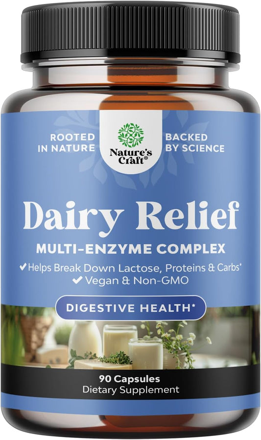 90-Count Fast Acting Dairy Relief Pills for Gas, Bloating & Digestive Support - Multi Enzyme Complex for Lactose Intolerance - Powerful Blend for Carb, Protein & Dairy Digestion by Natures Craft