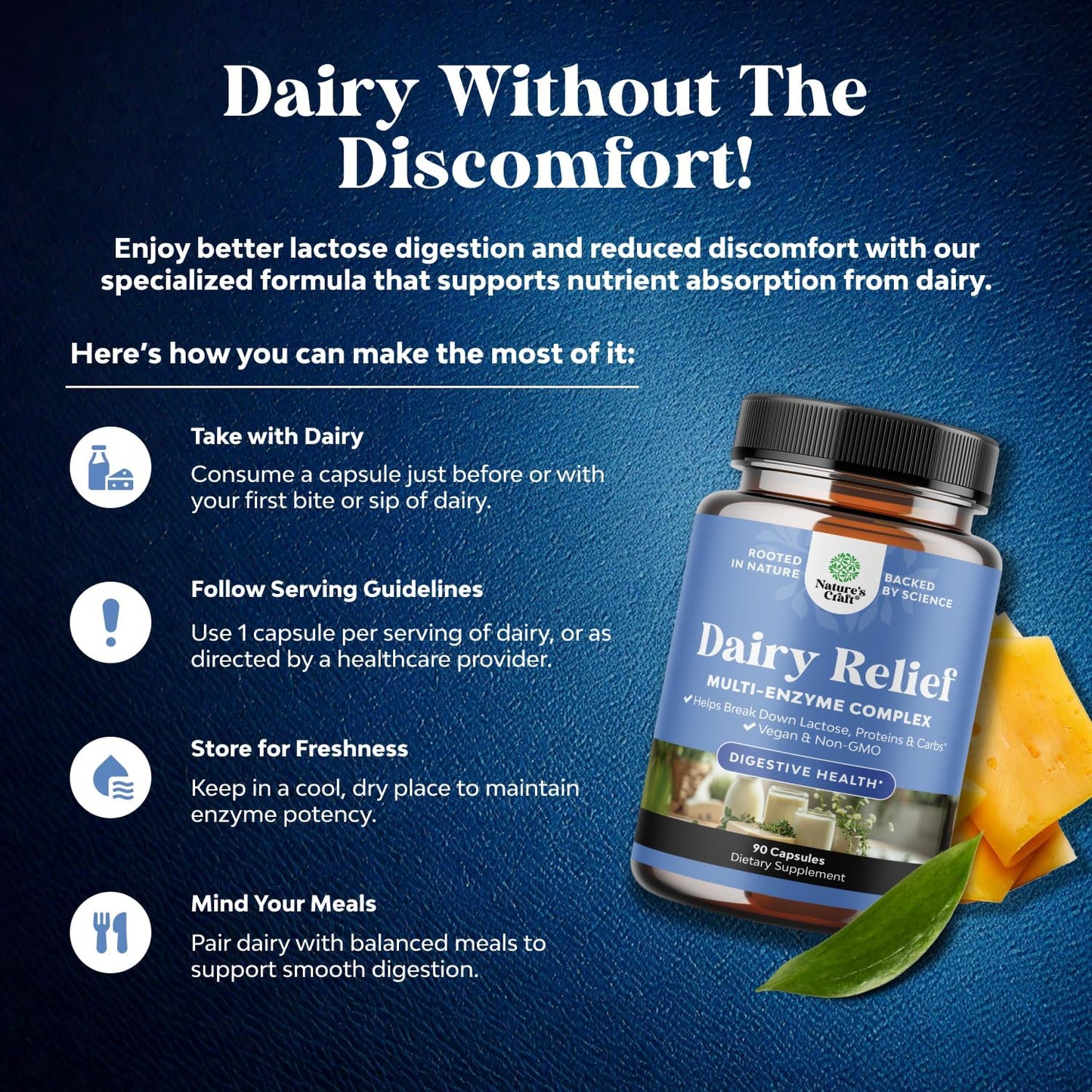 90-Count Fast Acting Dairy Relief Pills for Gas, Bloating & Digestive Support - Multi Enzyme Complex for Lactose Intolerance - Powerful Blend for Carb, Protein & Dairy Digestion by Natures Craft