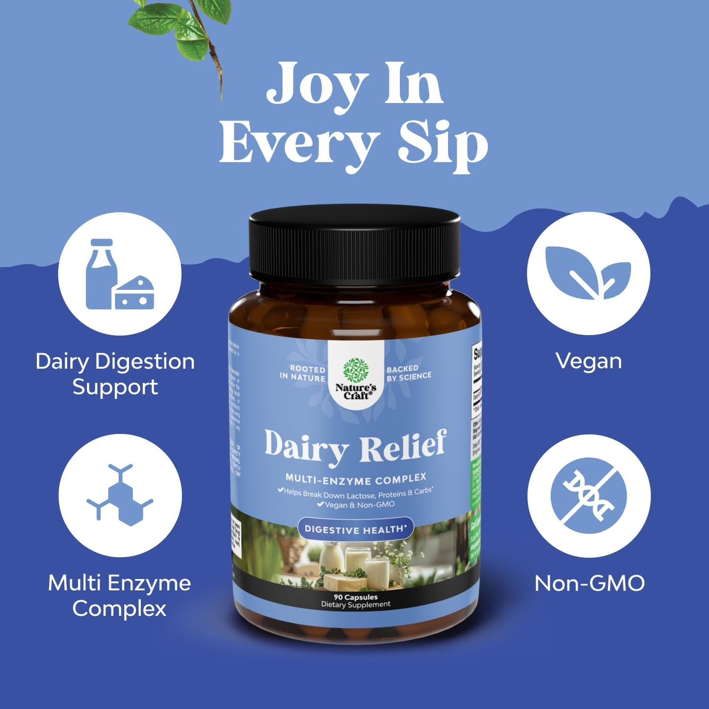 90-Count Fast Acting Dairy Relief Pills for Gas, Bloating & Digestive Support - Multi Enzyme Complex for Lactose Intolerance - Powerful Blend for Carb, Protein & Dairy Digestion by Natures Craft