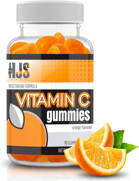 90 Count HJS Supplements Vitamin C Gummies for Adults & Kids | Chewable Orange Flavored | Immune & Heart Health Support | Gluten-Free & Vegetarian