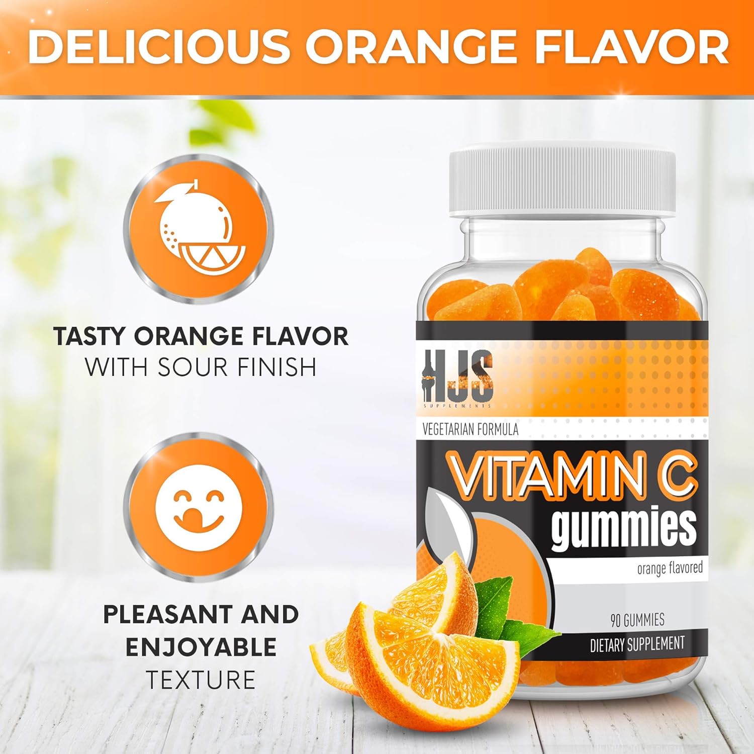 90 Count HJS Supplements Vitamin C Gummies for Adults & Kids | Chewable Orange Flavored | Immune & Heart Health Support | Gluten-Free & Vegetarian
