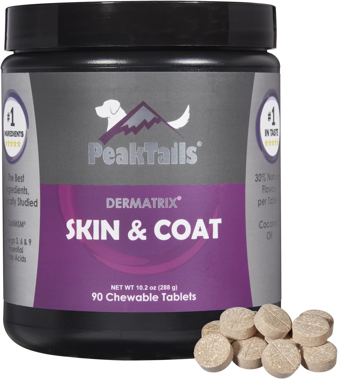 90 Count KALA HEALTH PeakTails Dermatrix Tablets for Dogs, Promotes Healthy Skin & Coat, Reduces Shedding, MSM, Fish Oil, Omega 3 & 6