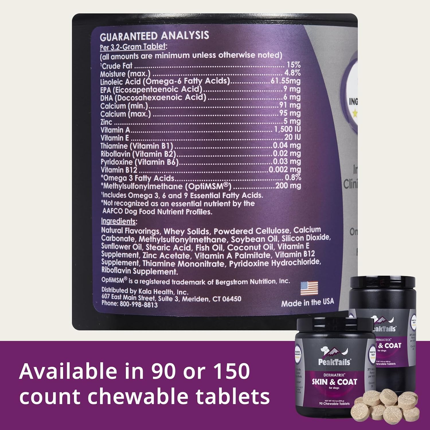 90 Count KALA HEALTH PeakTails Dermatrix Tablets for Dogs, Promotes Healthy Skin & Coat, Reduces Shedding, MSM, Fish Oil, Omega 3 & 6