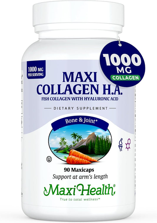 90 Count Maxi Health Collagen with Hyaluronic Acid - Type I Fish Collagen Protein Capsules for Men and Women, Unflavored