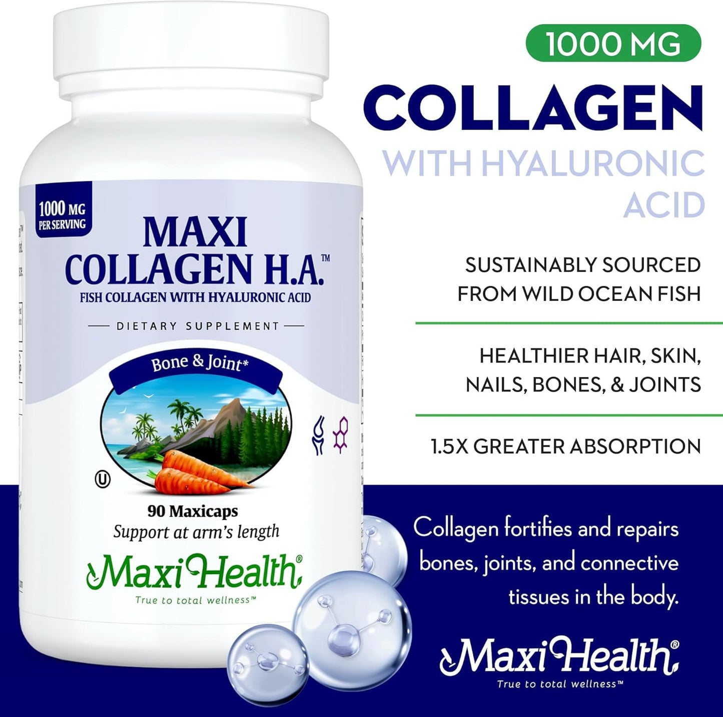 90 Count Maxi Health Collagen with Hyaluronic Acid - Type I Fish Collagen Protein Capsules for Men and Women, Unflavored