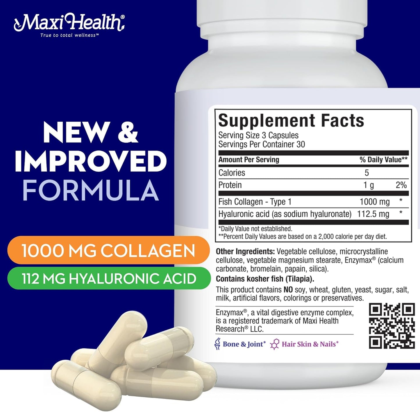 90 Count Maxi Health Collagen with Hyaluronic Acid - Type I Fish Collagen Protein Capsules for Men and Women, Unflavored