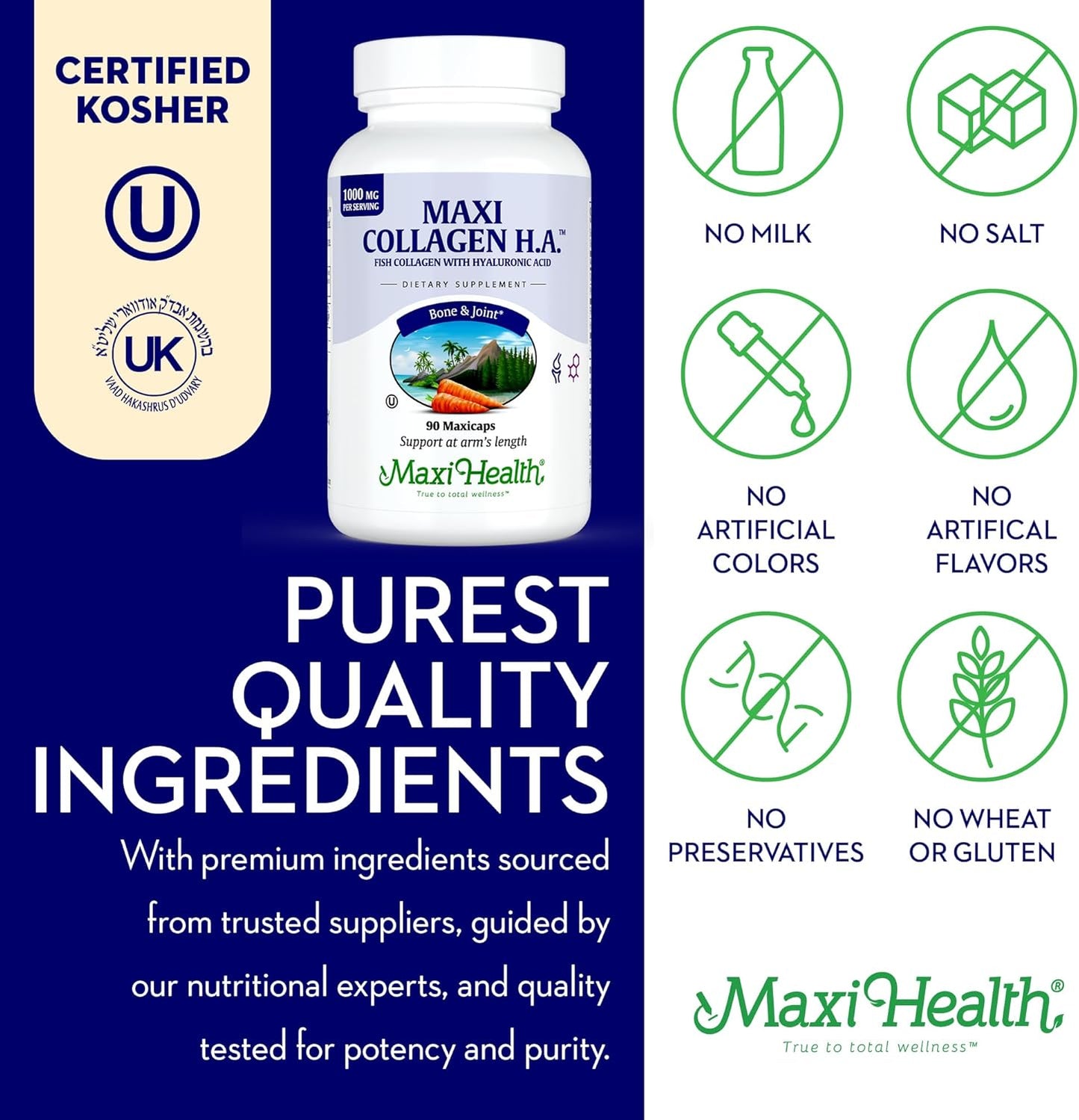 90 Count Maxi Health Collagen with Hyaluronic Acid - Type I Fish Collagen Protein Capsules for Men and Women, Unflavored