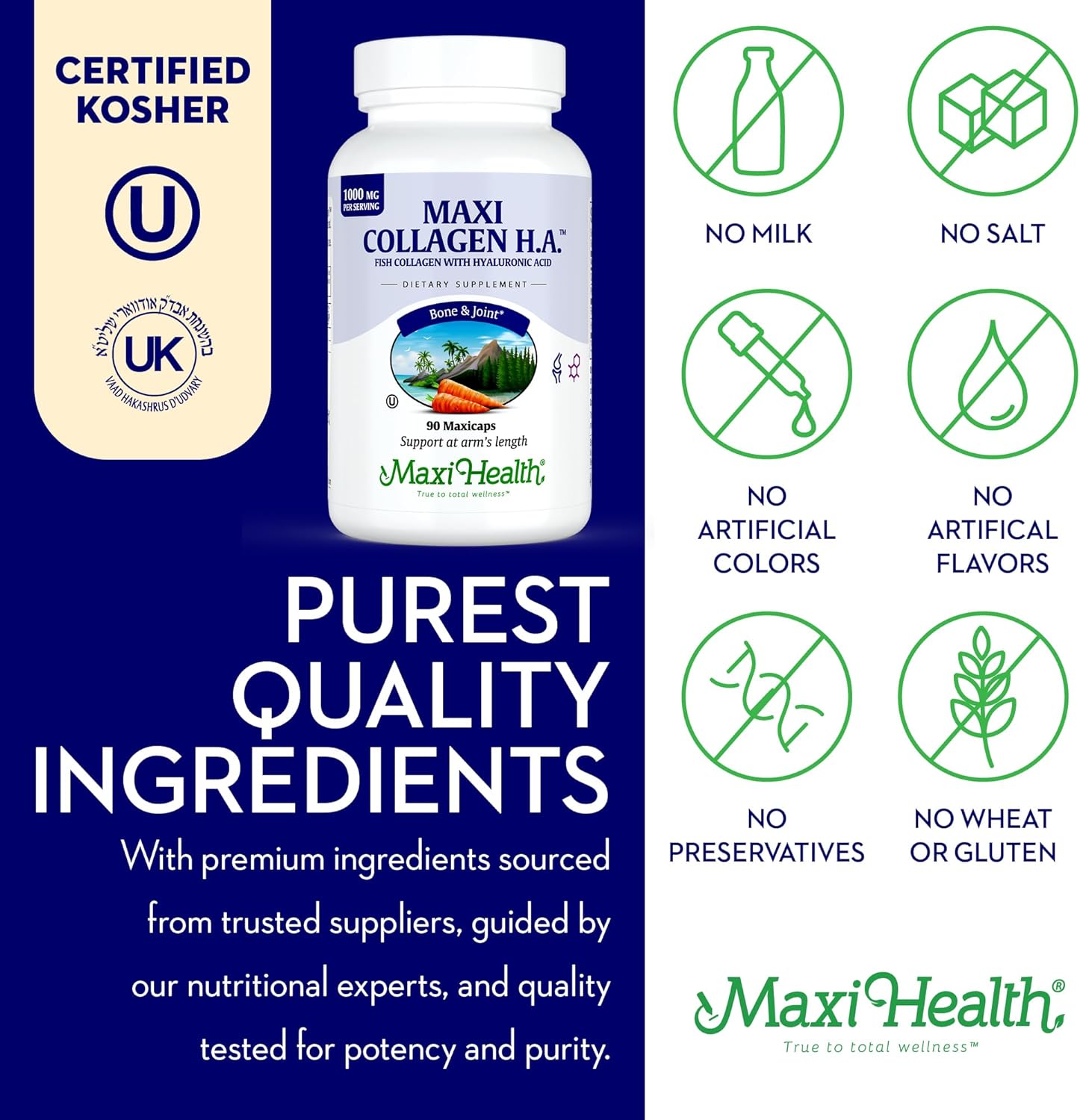 90 Count Maxi Health Collagen with Hyaluronic Acid - Type I Fish Collagen Protein Capsules for Men and Women, Unflavored