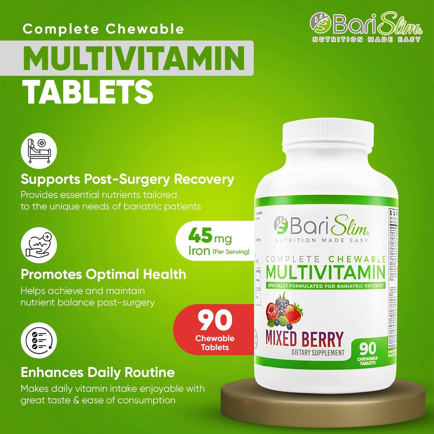 90 Count Mixed Berry BariSlim Complete Chewable Bariatric Multivitamin Tablets with 45mg Iron for Post Bariatric Surgery - BoostGo Australia