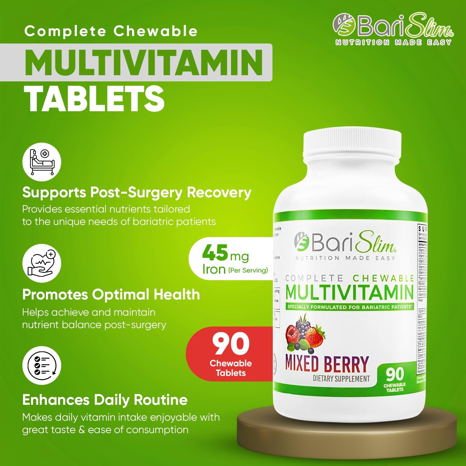 90 Count Mixed Berry BariSlim Complete Chewable Bariatric Multivitamin Tablets with 45mg Iron for Post Bariatric Surgery - BoostGo Australia