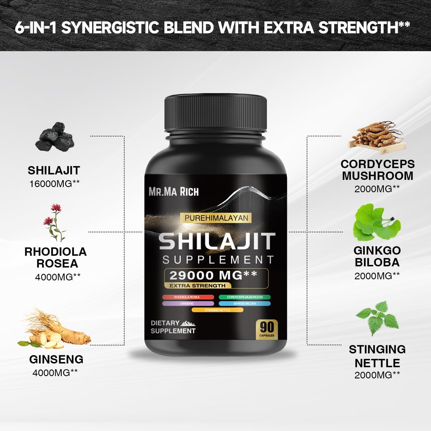 90-Count Mr. Ma Rich Shilajit Capsules with Shilajit Extract for Energy Boost and Wellness