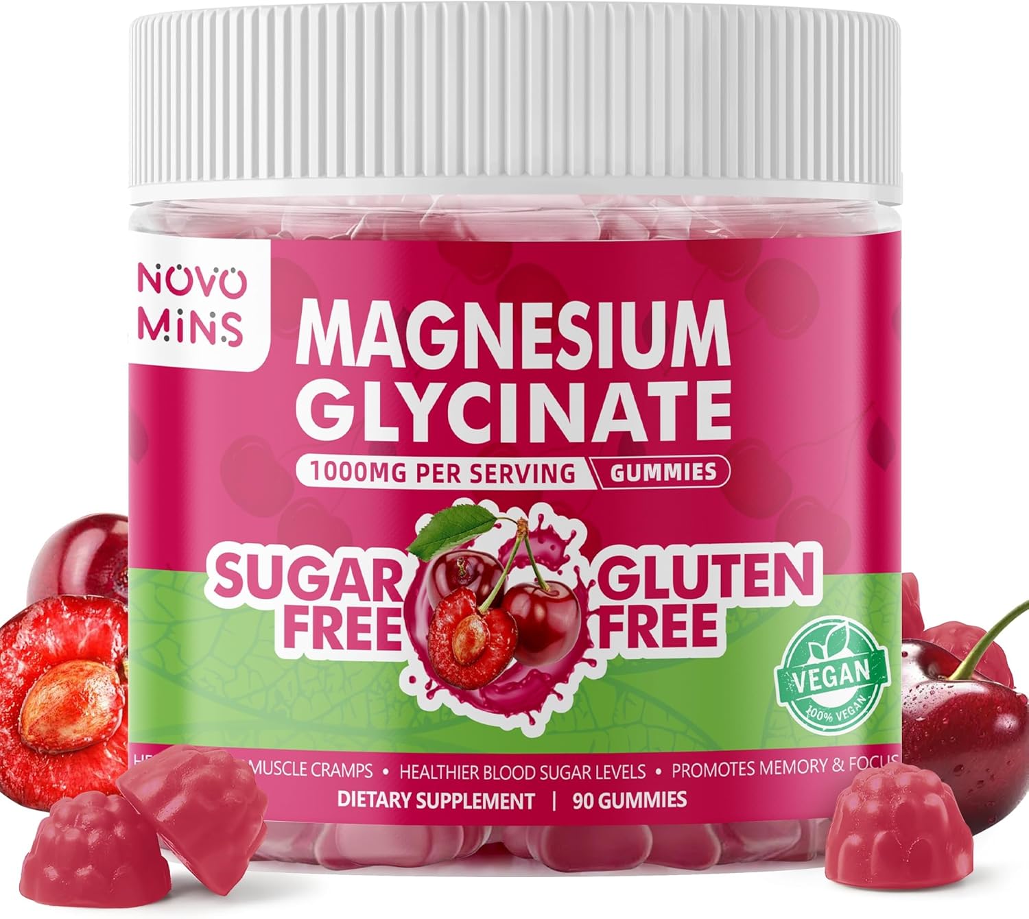 90 Count Novomins Sugar-Free Magnesium Glycinate Gummies 1000mg with Vitamin D, B6, CoQ10 - Potassium Supplement for Sleep & Calm Mood - Cherry Flavor - 90 Gummies